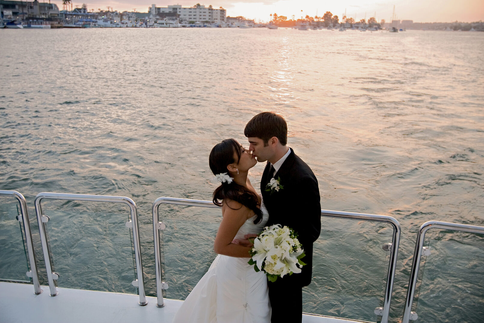 Wedding couple on the Hornblower cruises Newport Harbor