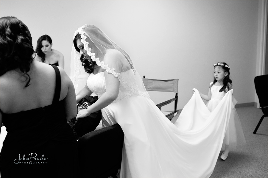 Bride and flower girl pictured in the getting ready room 