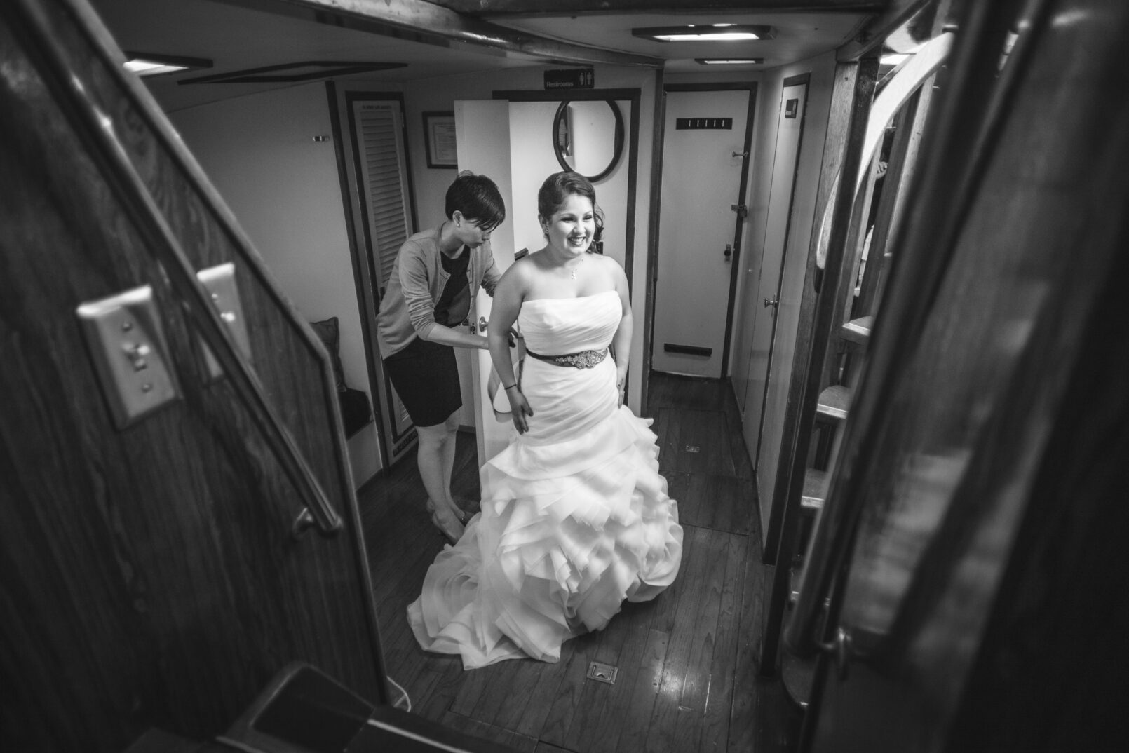 Bride getting ready inside horn blower Cruises