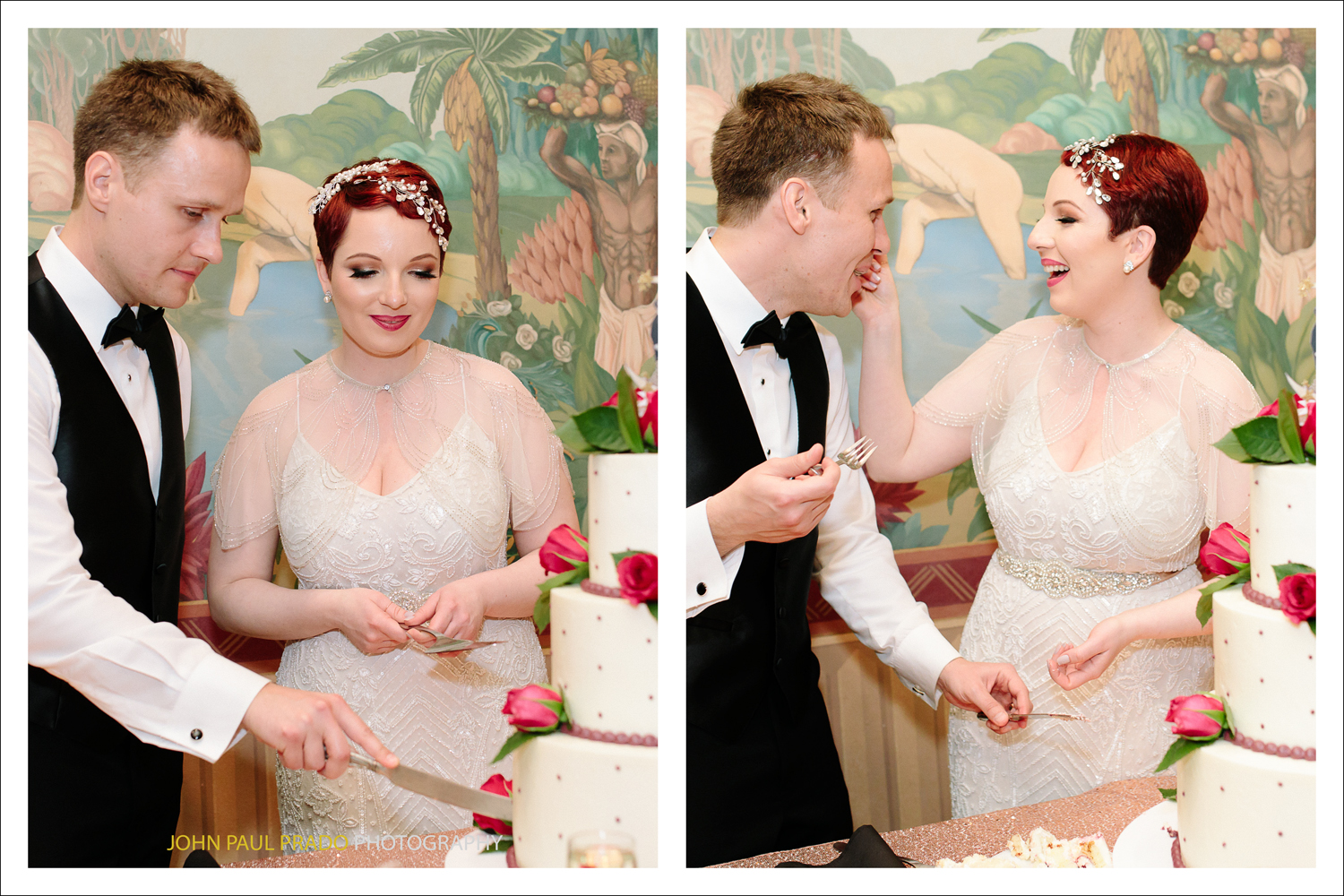 Cake cutting for bride and groom