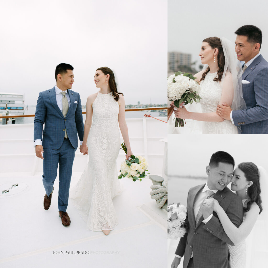 Newport Beach harbor yacht wedding with floral decor